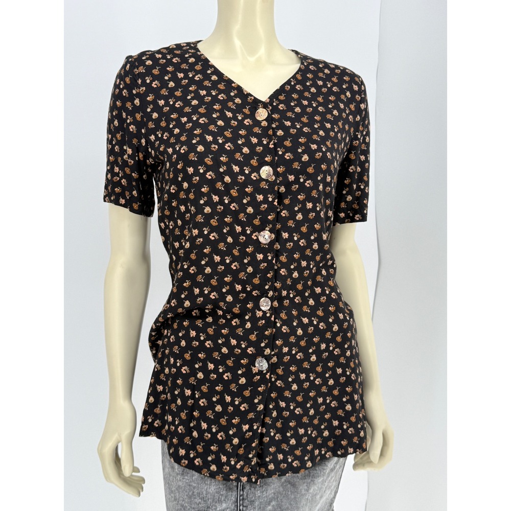 Vintage Blue 90s Floral Blouse Petite Medium Black Rayon Short Sleeve USA Made